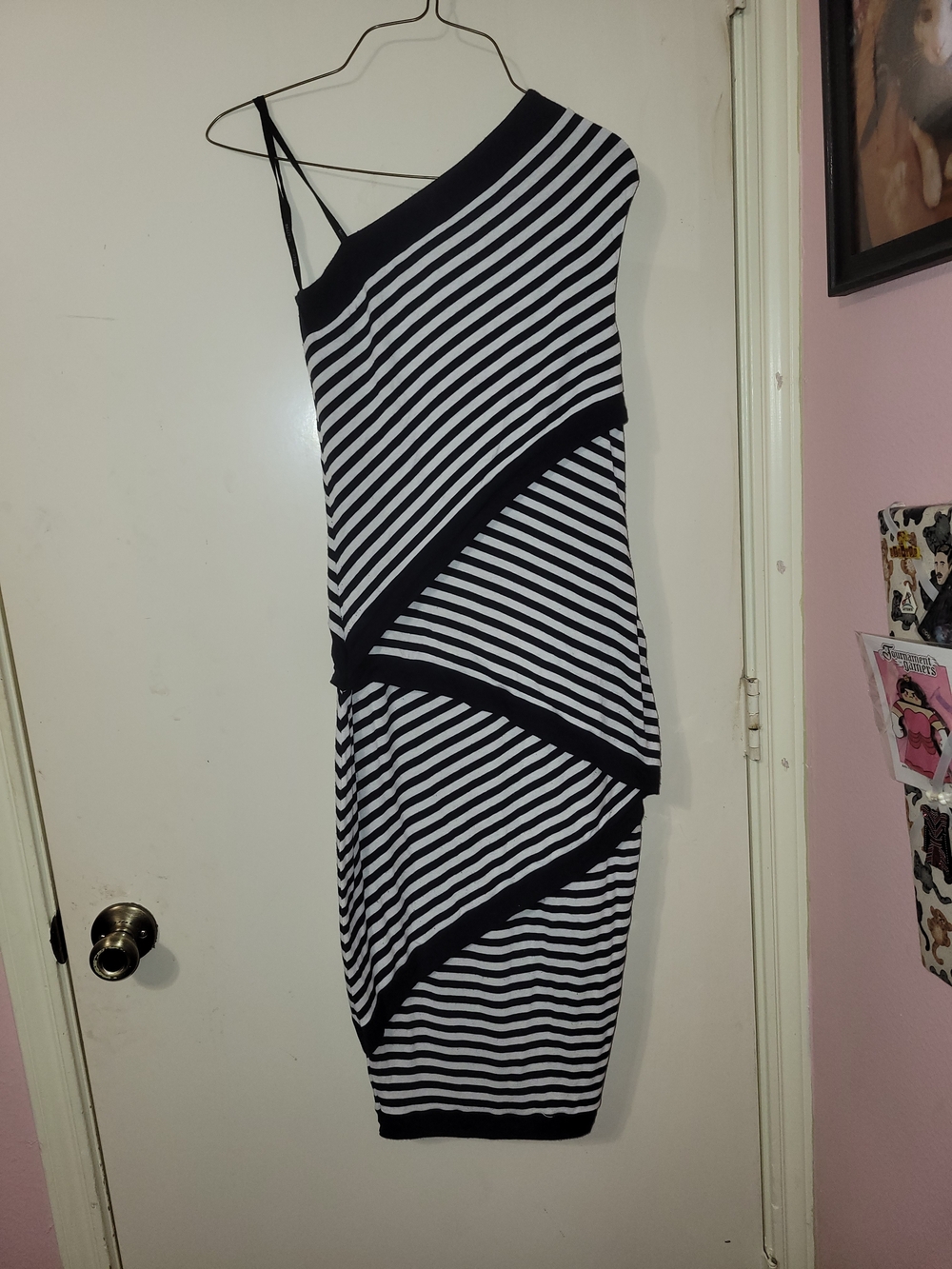 Asymmetrical One-Shoulder Black & White Striped Dress